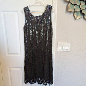 DAZZLING GATSBY 1920s SEQUIN STUNNER FLAPPER DRESS | M | EVC | Black | 12 / L